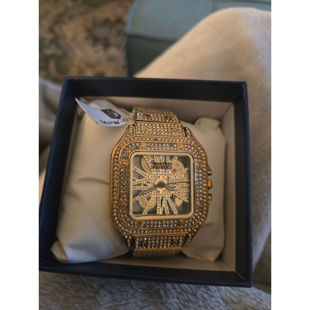 Montres Prestige Gold Tone Iced Out Skeleton Dial Watch MPW-0135 New